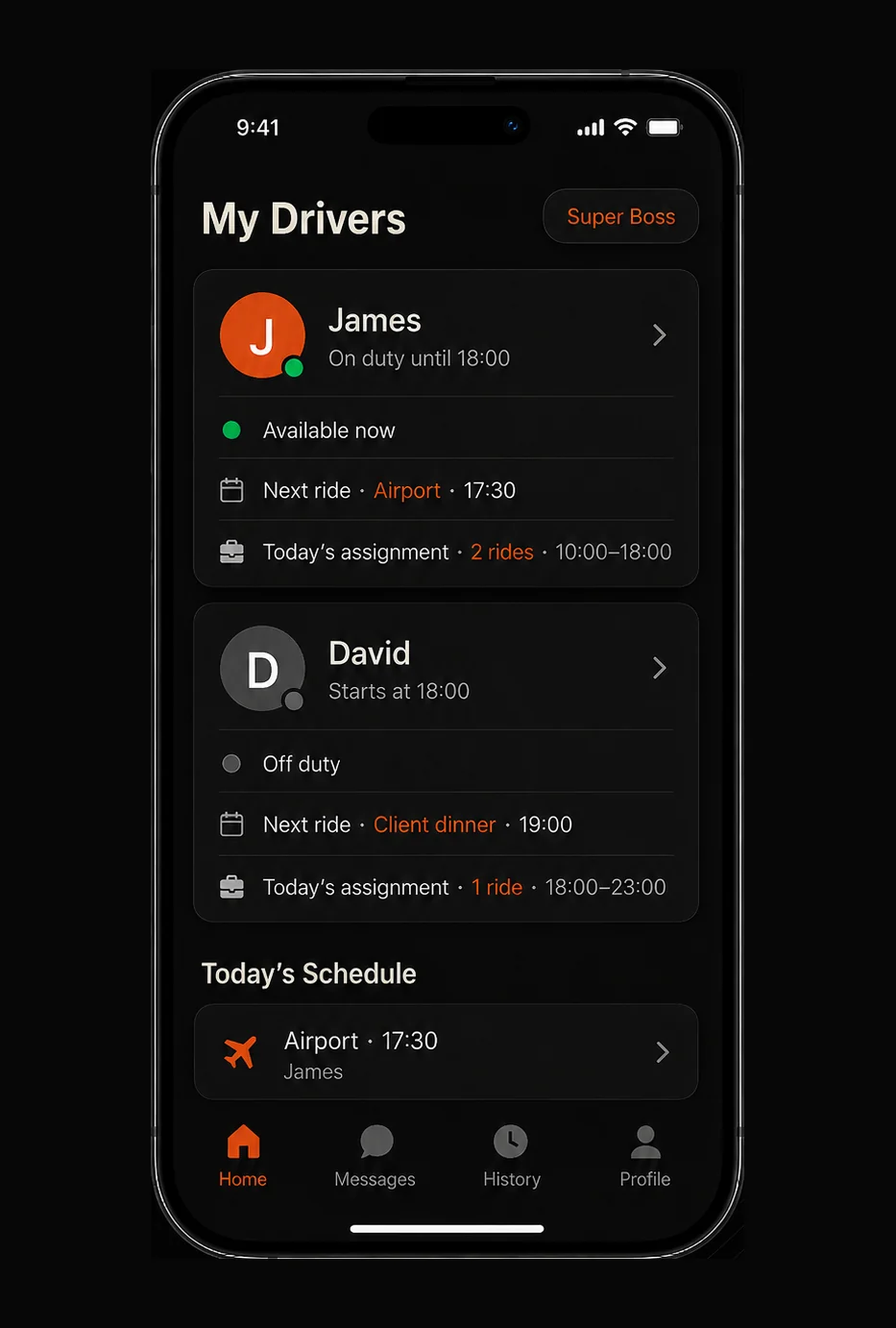 The My Drivers screen listing each driver's duty status, next ride and today's assignment