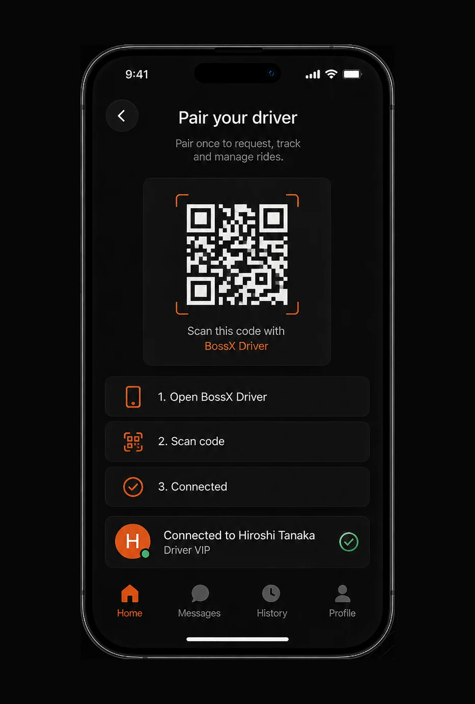 The Pair your driver screen showing a pairing code to scan and the three steps: open BossX Driver, scan code, connected