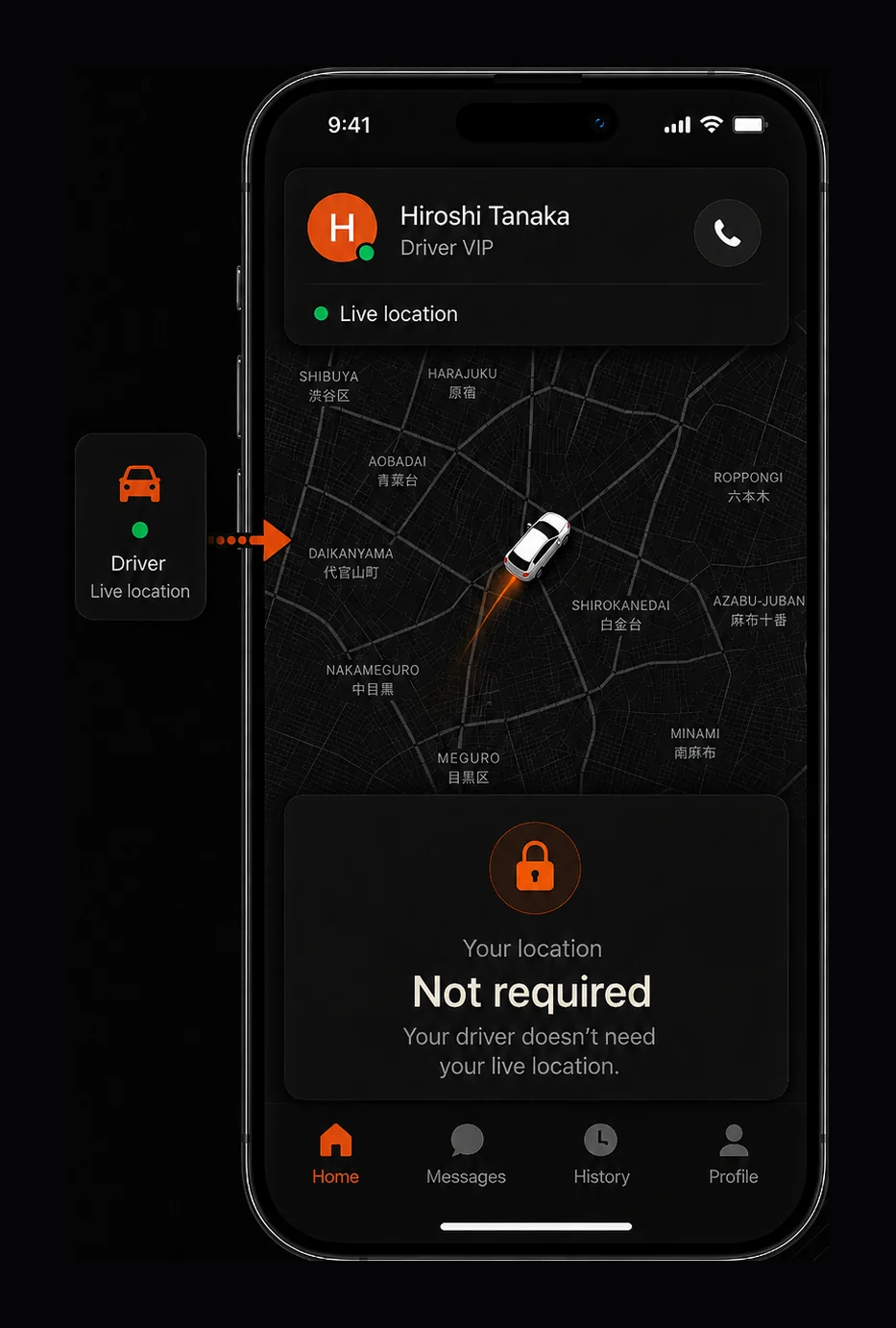 The driver's live location on the map, with the boss's own location marked as not required