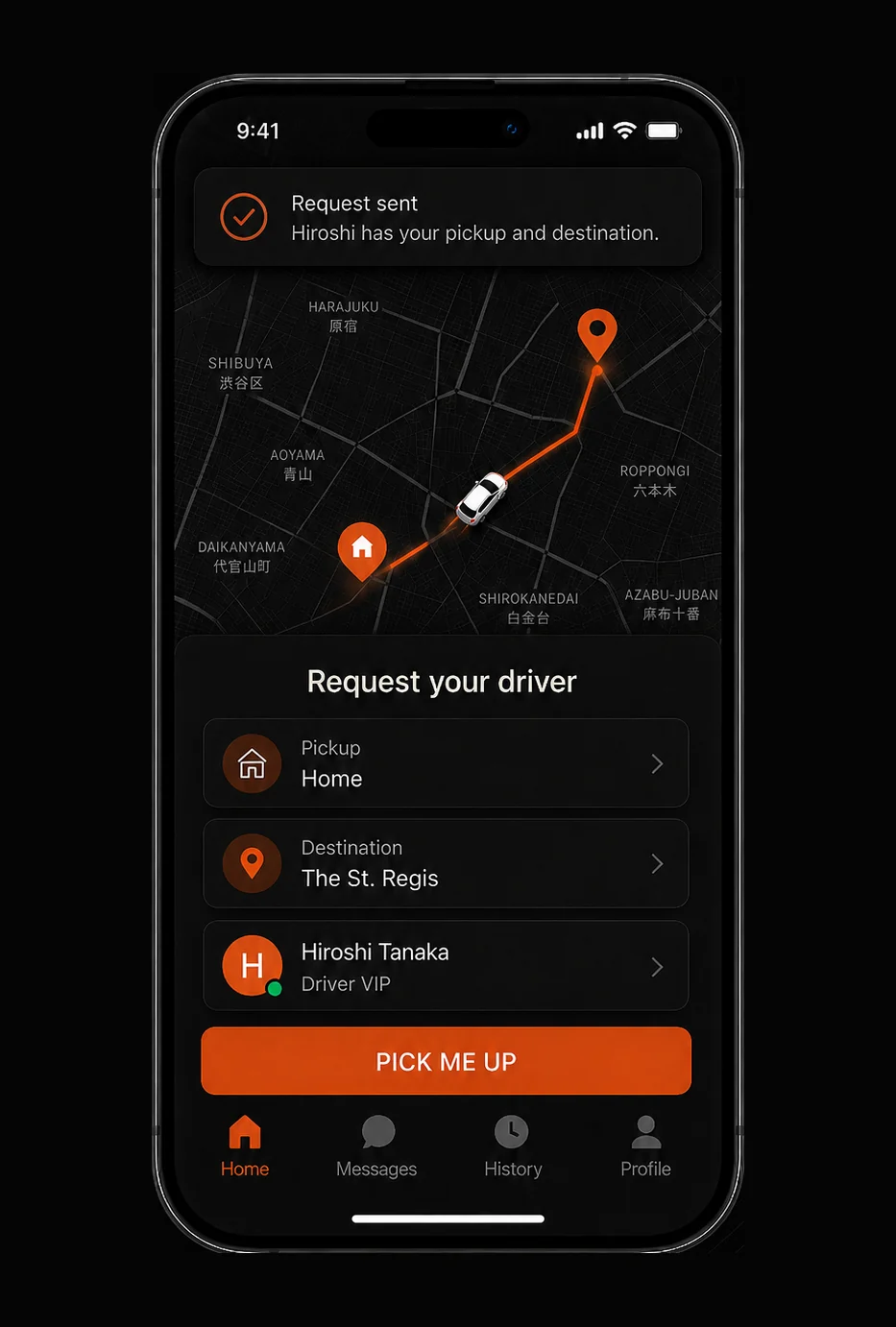 A ride request with pickup set to Home and destination set to The St. Regis, ready to send with the Pick me up button