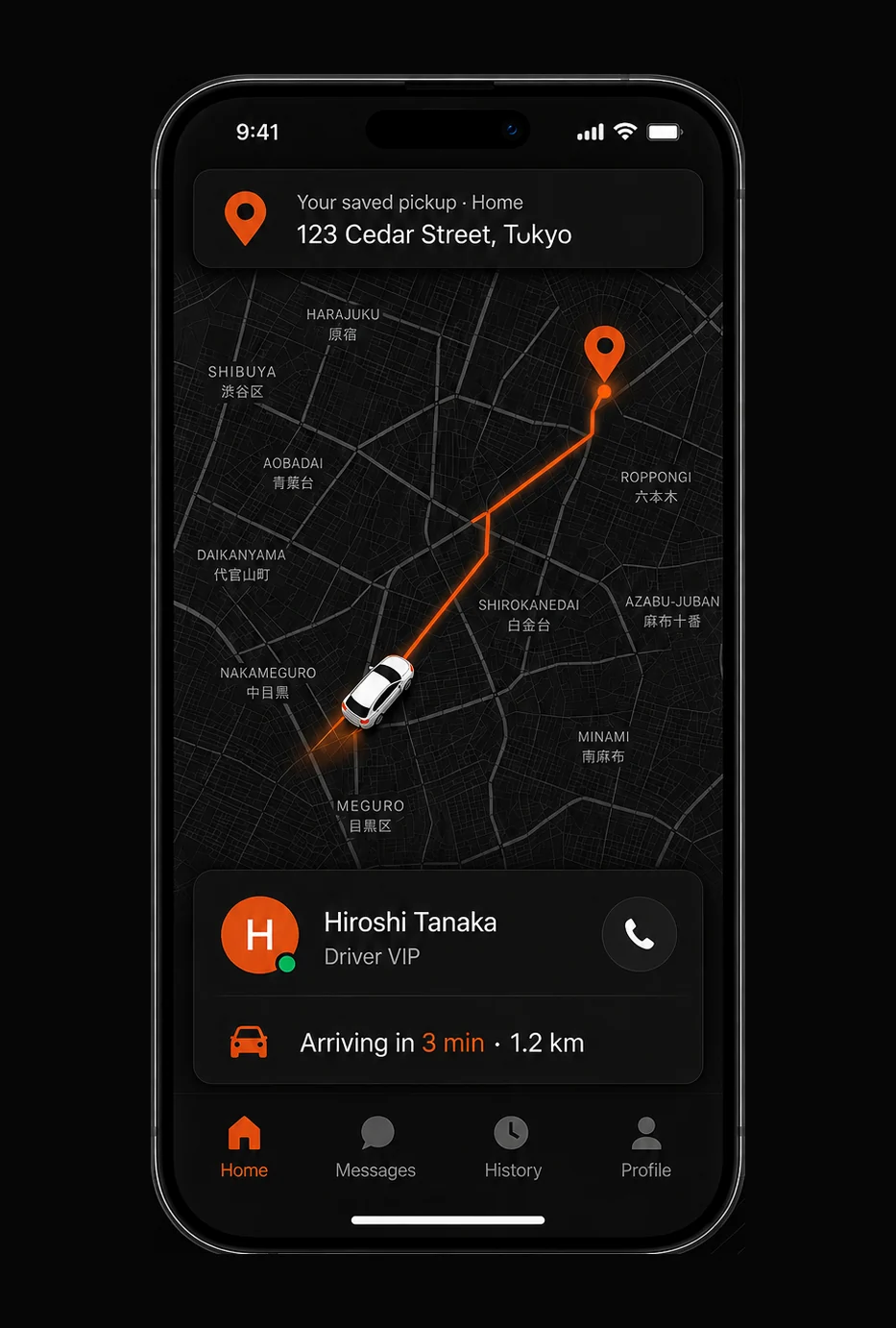 The BossX home screen showing a private driver moving live on the map, arriving in 3 minutes