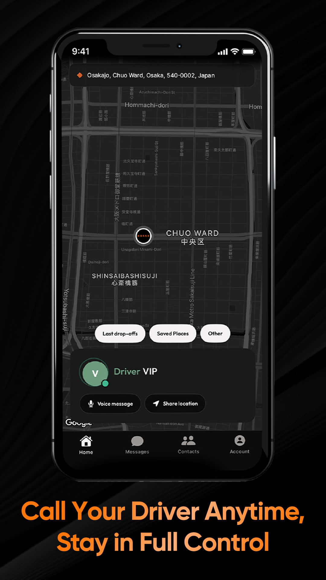 BossX map view showing live driver location with shareable trip link