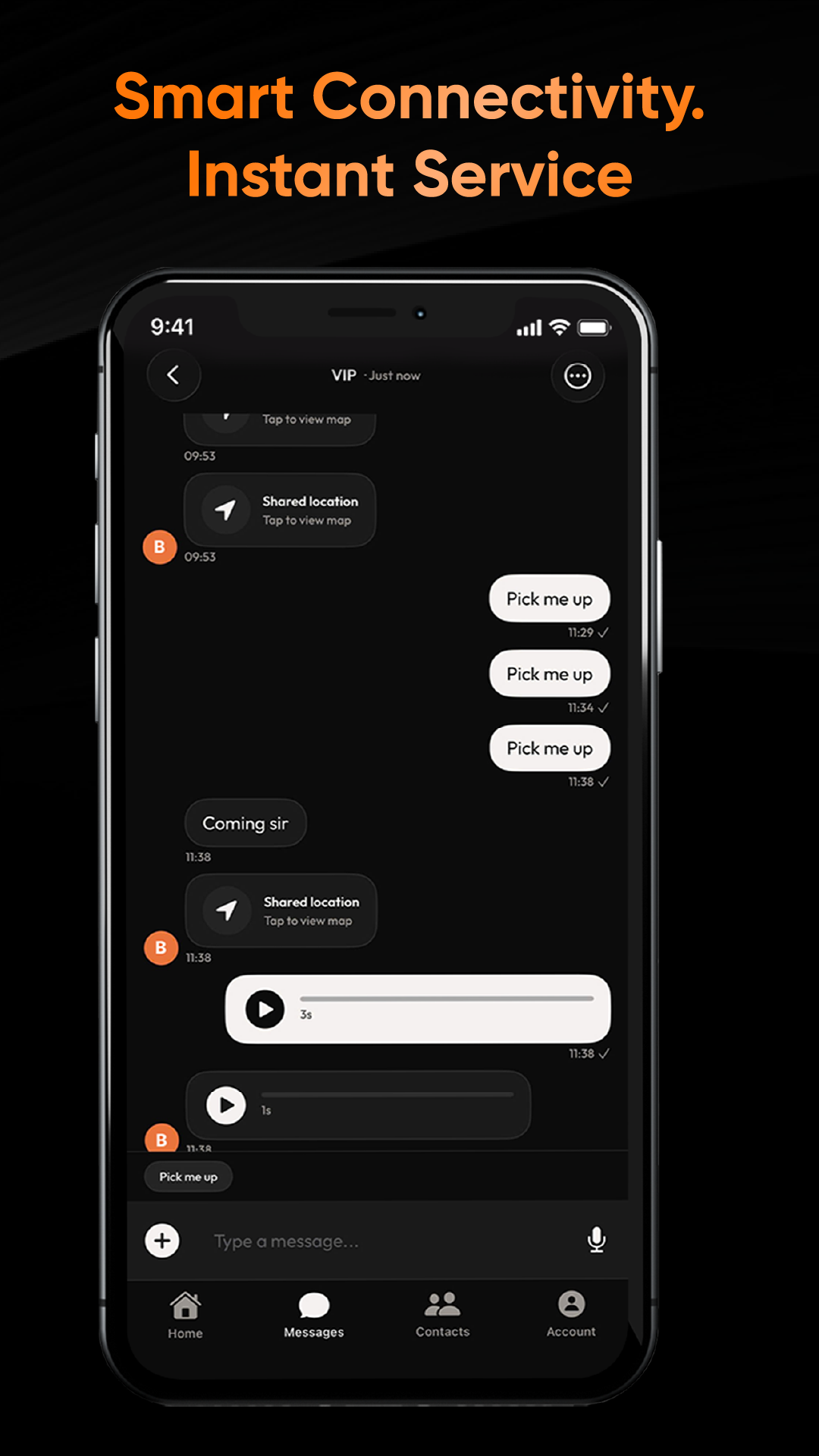 BossX chat with the driver including voice messages, photos, and pinned locations