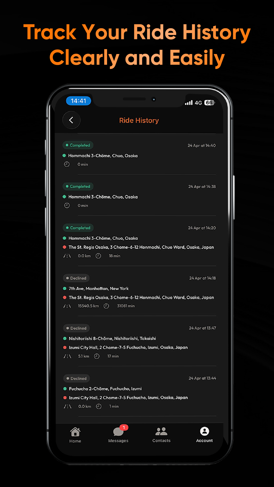 BossX ride history showing every trip taken with your driver